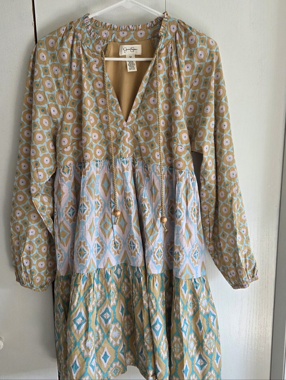Jessica Simpson Long Sleeve Tiered Boho Dress in Tan, Blue, White